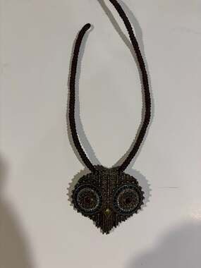 Vintage Bohemian Style Owl Pendant Necklace with Red and Blue Rhinestone Eyes